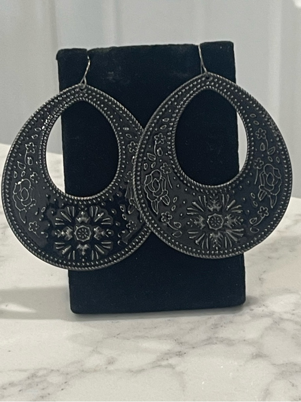 Engraved Teardrop Statement Earrings in Dark Metal